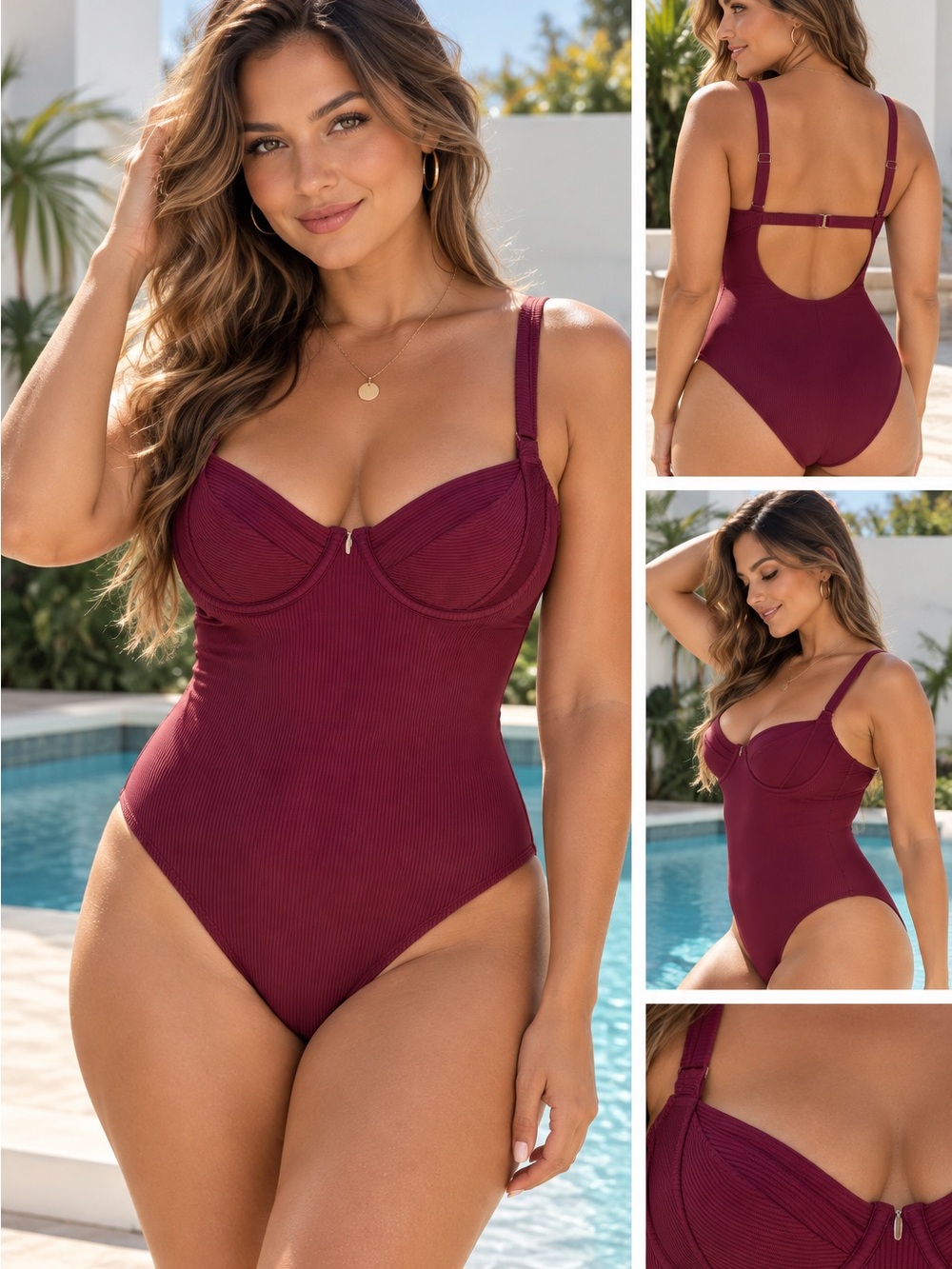 Cupshe Ribbed Underwire One-Piece Swimsuit in Wine Red
